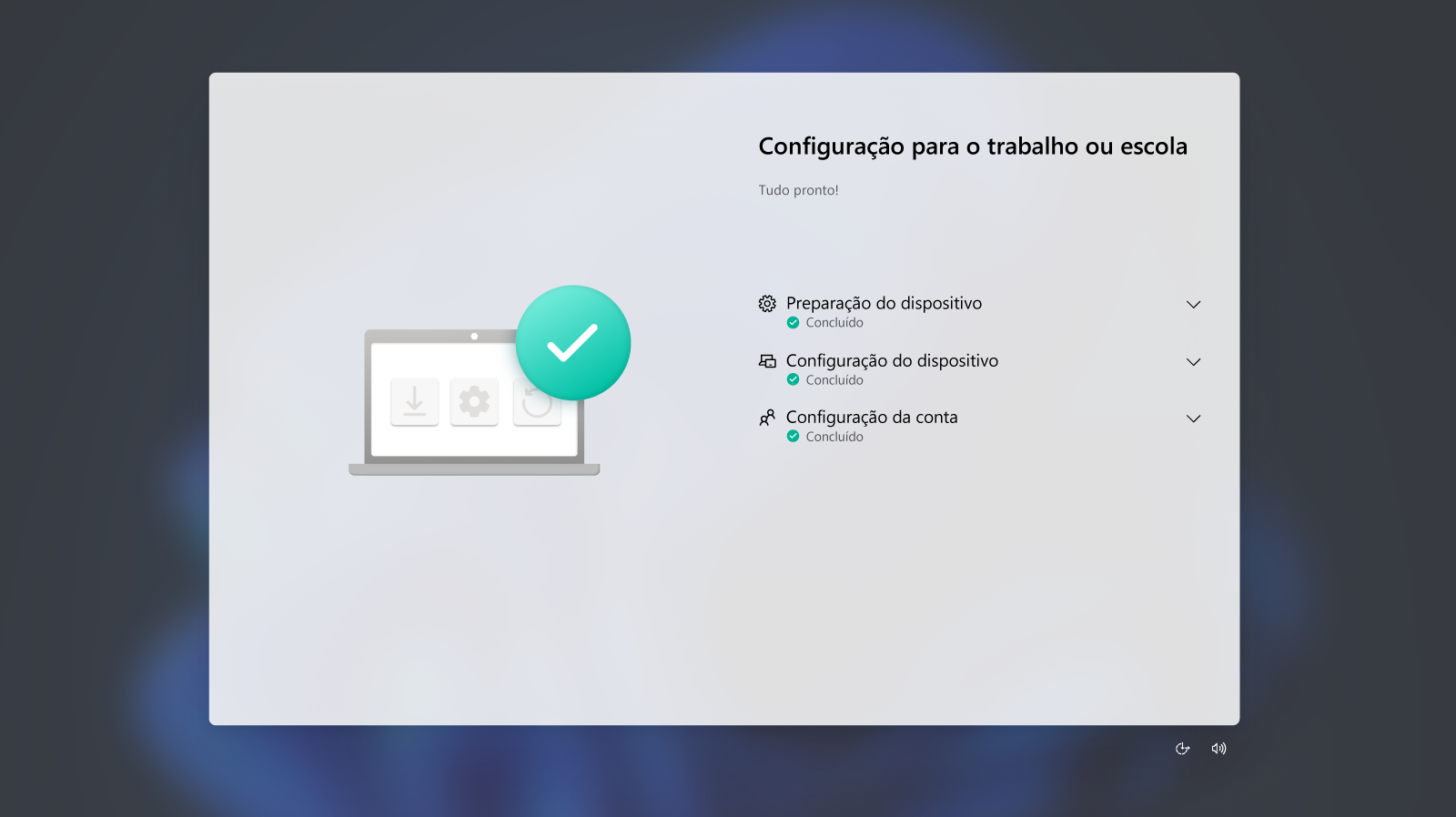 Ilustração conceitual de uma tela de um notebook com algumas opções de configuração, incluindo Preparação do dispositivo, Configuração do dispositivo e Configuração da conta