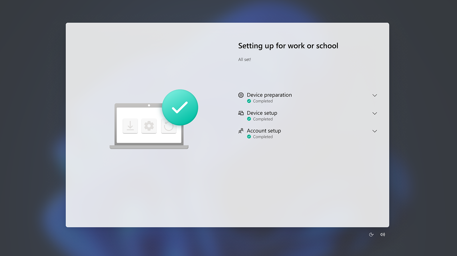 A conceptual illustration of a laptop screen with a few setup options, including Device preparation, Device setup, and Account setup