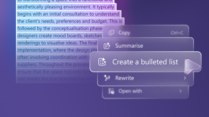 A conceptual illustration of AI options from an on-screen menu, including Create a bulleted list against a purple gradient background