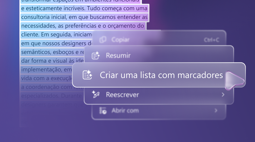 Ilustração conceitual de opções de IA em um menu na tela, incluindo Criar uma lista com marcadores, sobre um fundo roxo em degradê