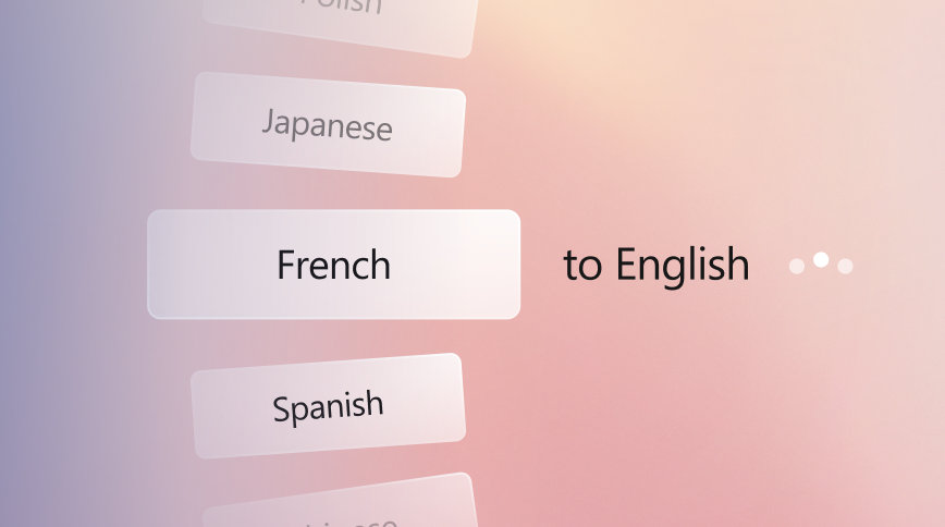 A conceptual illustration of options showing a variety of languages you can choose when collaborating with others, including French to English, against a peach gradient background