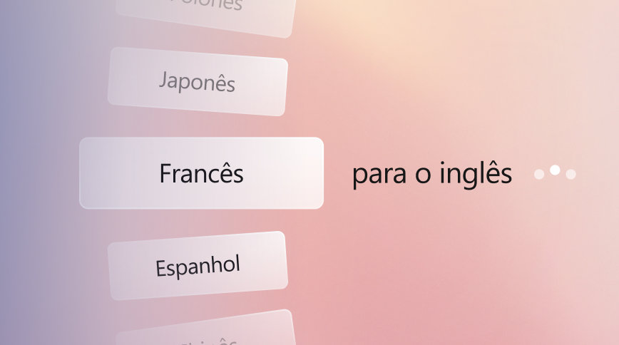 Ilustração conceitual de opções mostrando uma variedade de idiomas que você pode escolher ao colaborar com outras pessoas, incluindo do francês para o inglês, sobre um fundo pêssego em degradê