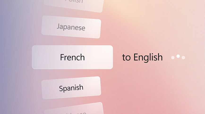 A conceptual illustration of options showing a variety of languages you can choose when collaborating with others, including French to English, against a peach gradient background