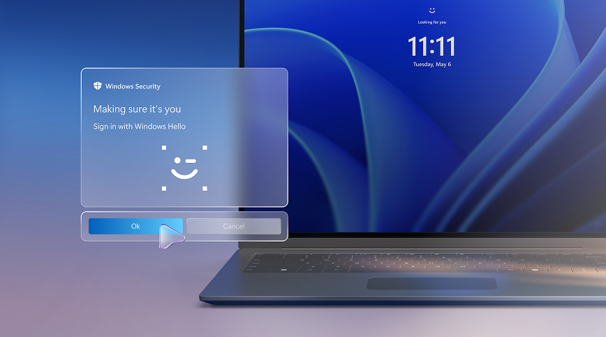 An open Windows 11 Pro laptop displaying the blue bloom image with a conceptual sign-in window against a blue gradient background