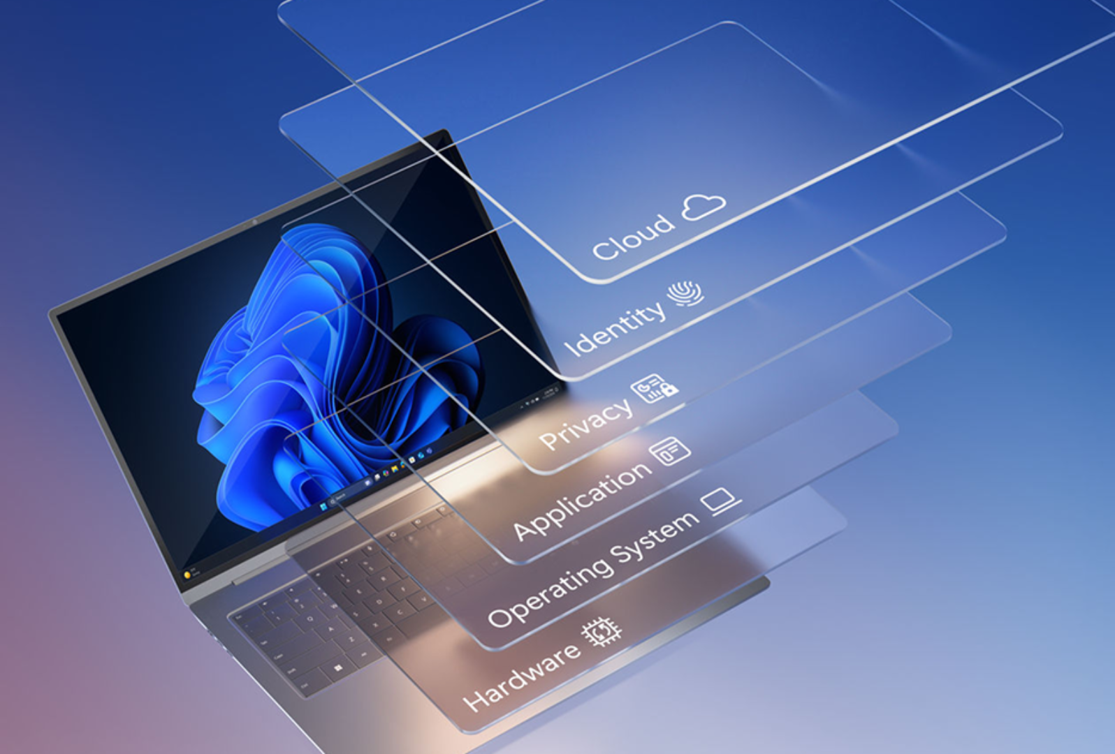 An open Windows 11 Pro laptop against a blue gradient background with an illustration listing several virtual security layers, including Cloud, Identity, Privacy, Application, Operating System, and Hardware