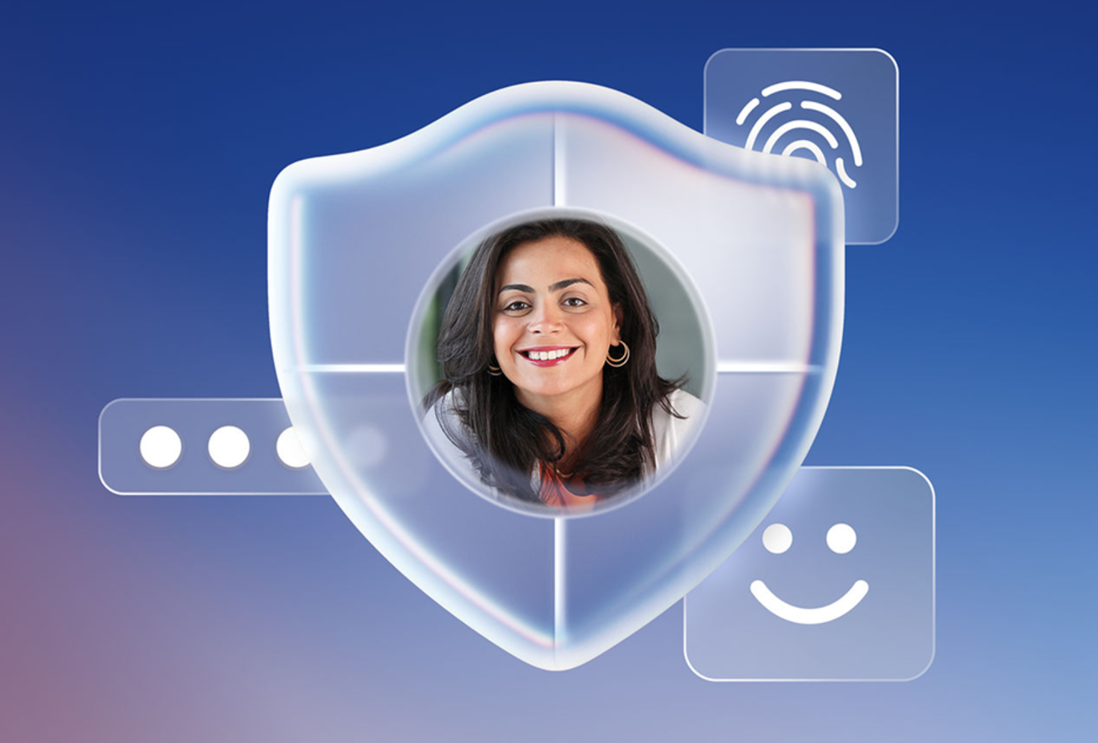 A photo of a smiling person inside a shield icon, overlayed with three Microsoft on-screen icons
