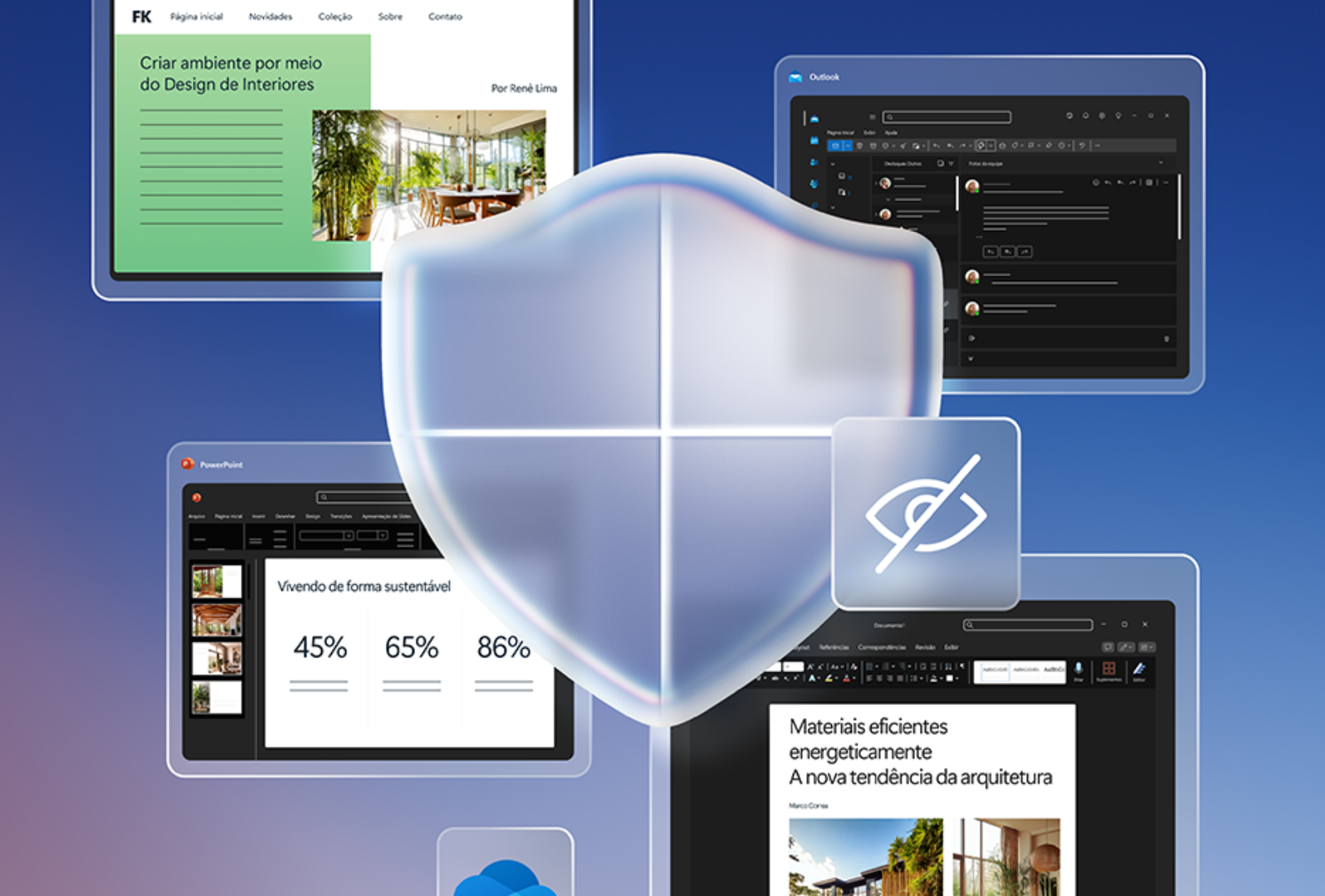 Várias telas da área de trabalho com ícones, com o logotipo do Microsoft Defender sobreposto