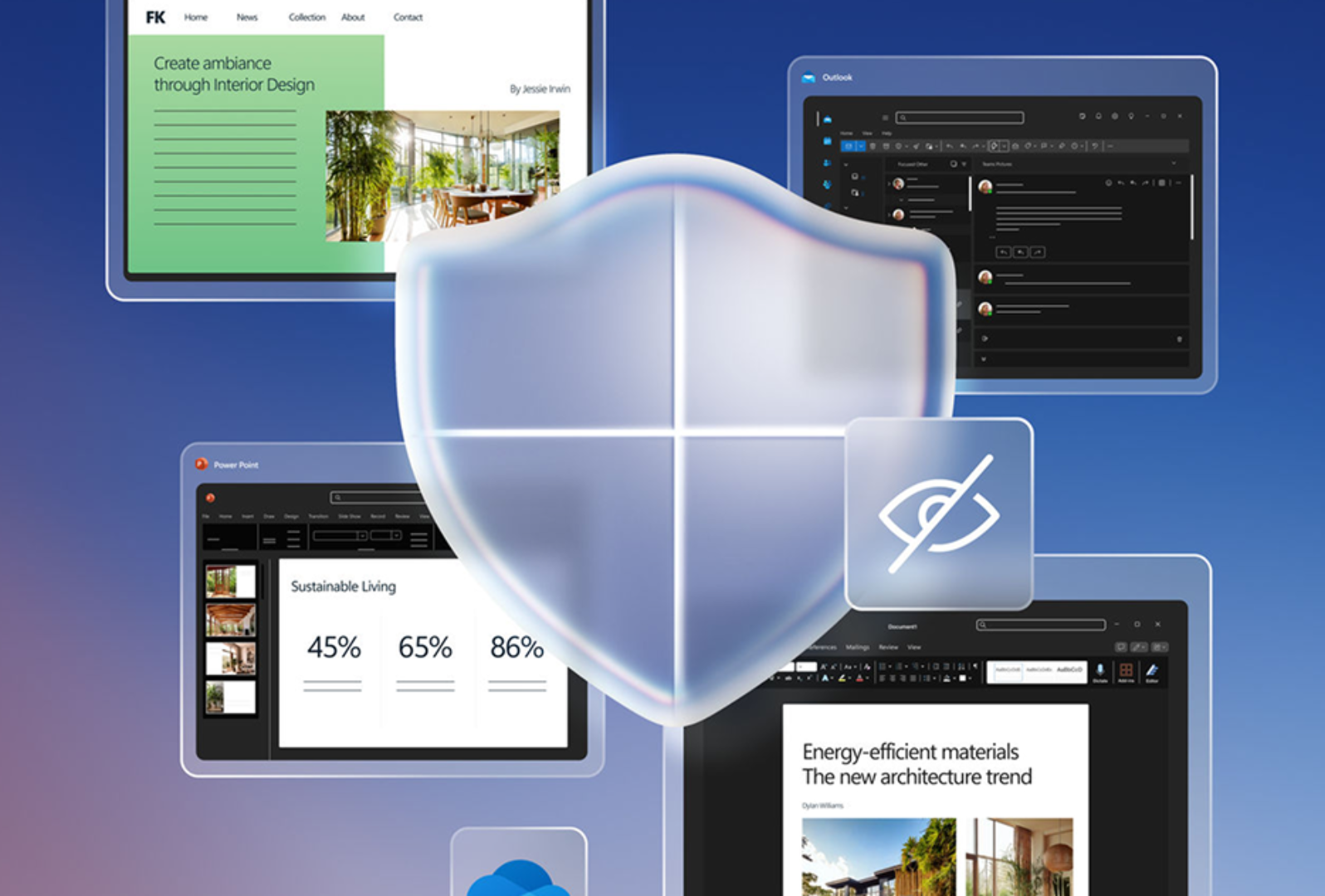 Several desktop screens and icons, overlayed by the Microsoft Defender logo