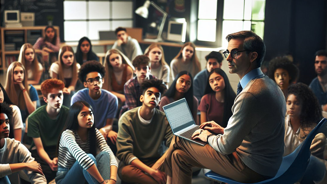 Classroom with students and a teacher at the head of the class using a laptop