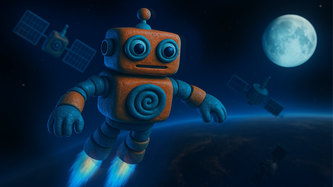 Claymation robot in outer space