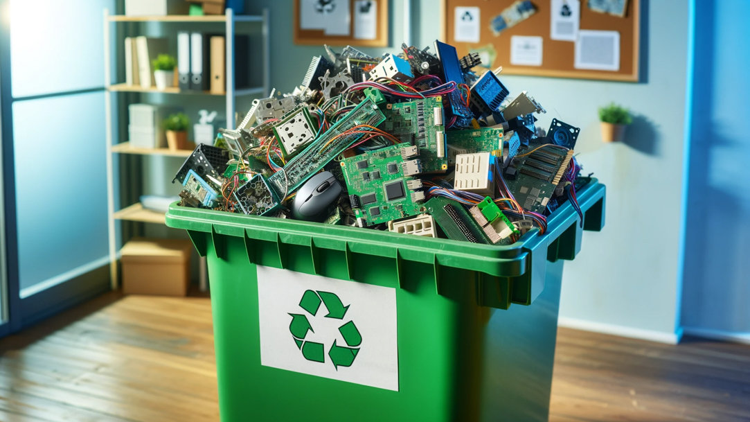 Computer parts in a recycling bin