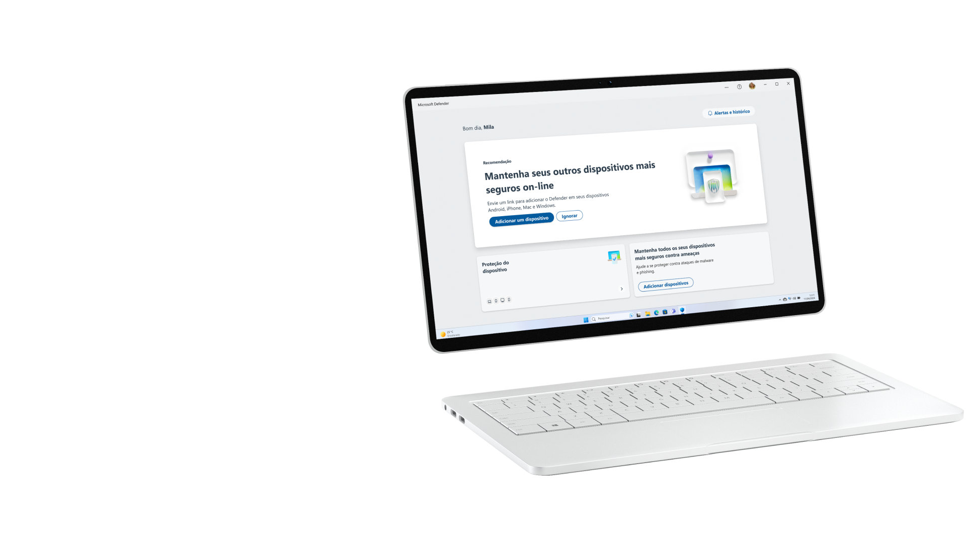 Tela de computador mostrando a janela do Microsoft Defender com um teclado ao lado