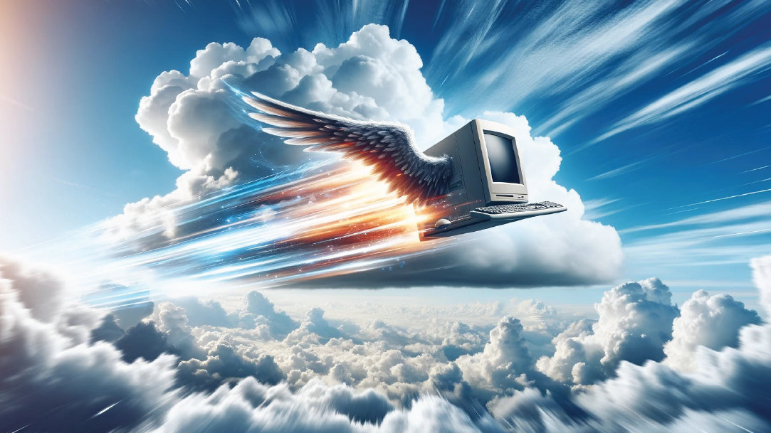 Computer with wings flying through the sky