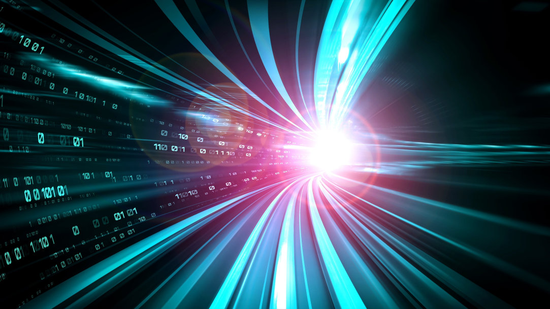 Conceptual image of fast bright neon lines converging in a path with numeral zeroes and ones