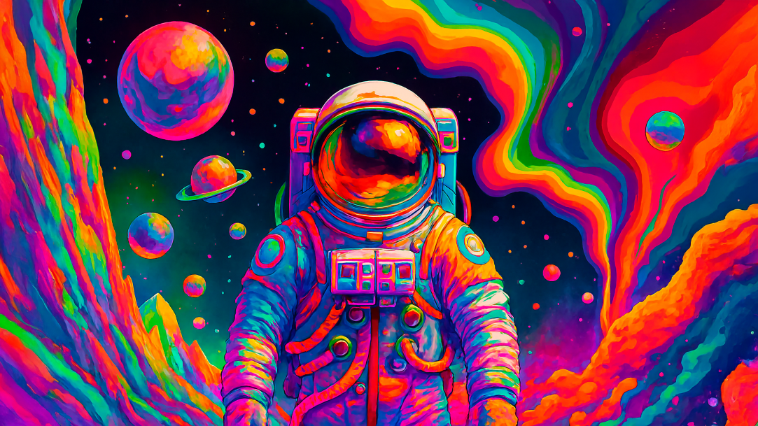Fluorescent painted astronaut walking on planet in outer space