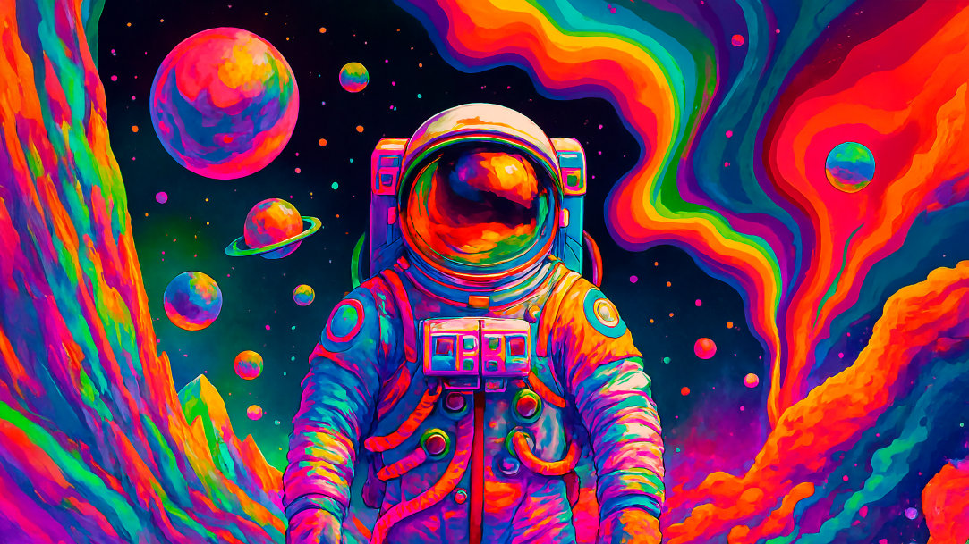 Fluorescent painted astronaut walking on planet in outer space