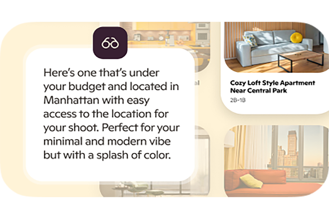 Copilot suggests Manhattan apartments under budget, showing options like a cozy loft, warehouse style, and spacious studio