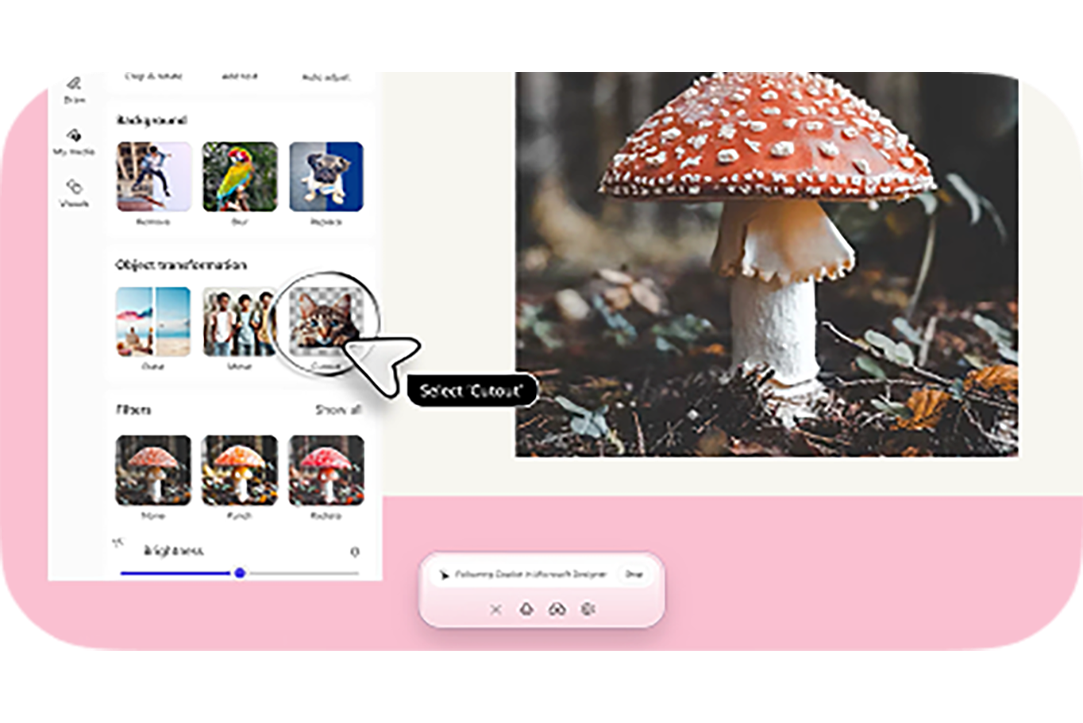 Copilot interface showing a photo of a red mushroom with white spots, with options to edit or create with AI