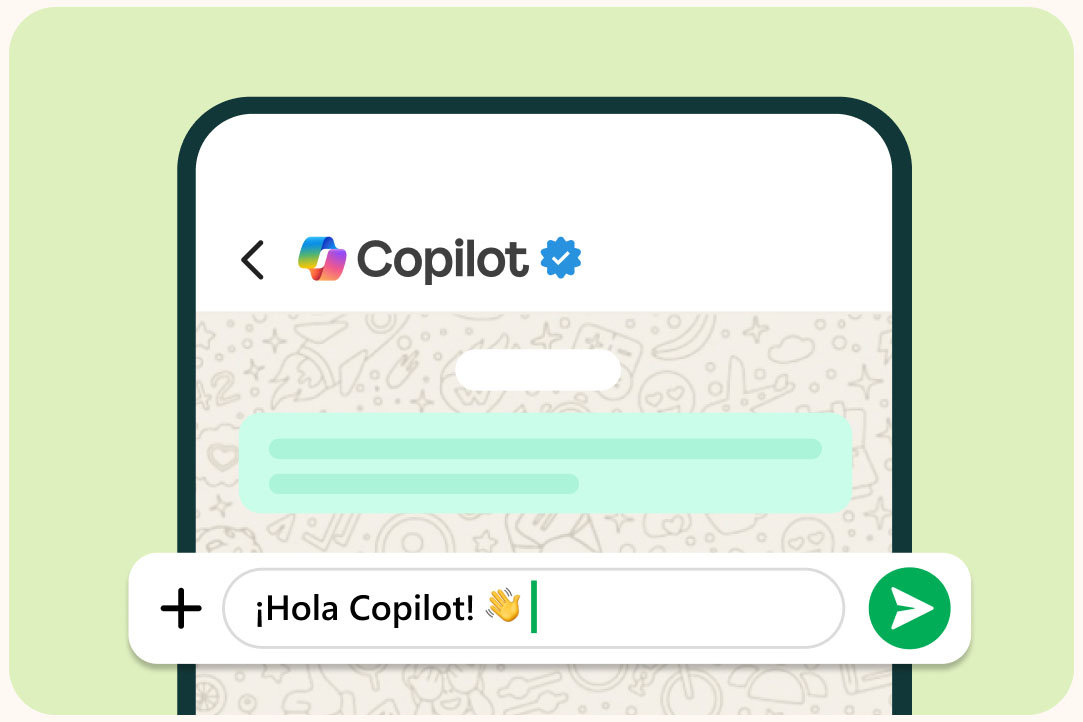 Copilot en WhatsApp en un teléfono móvil sobre un fondo verde claro