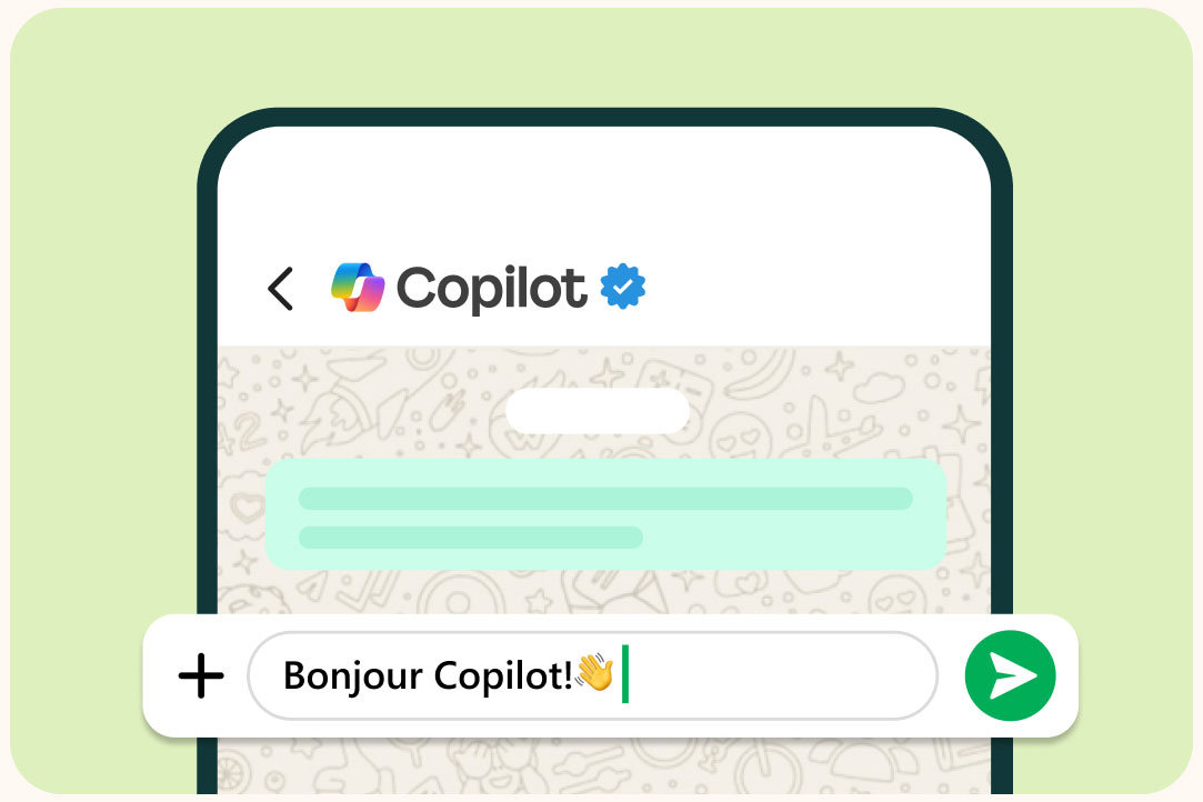 Copilot sur WhatsApp sur un téléphone mobile sur fond vert clair