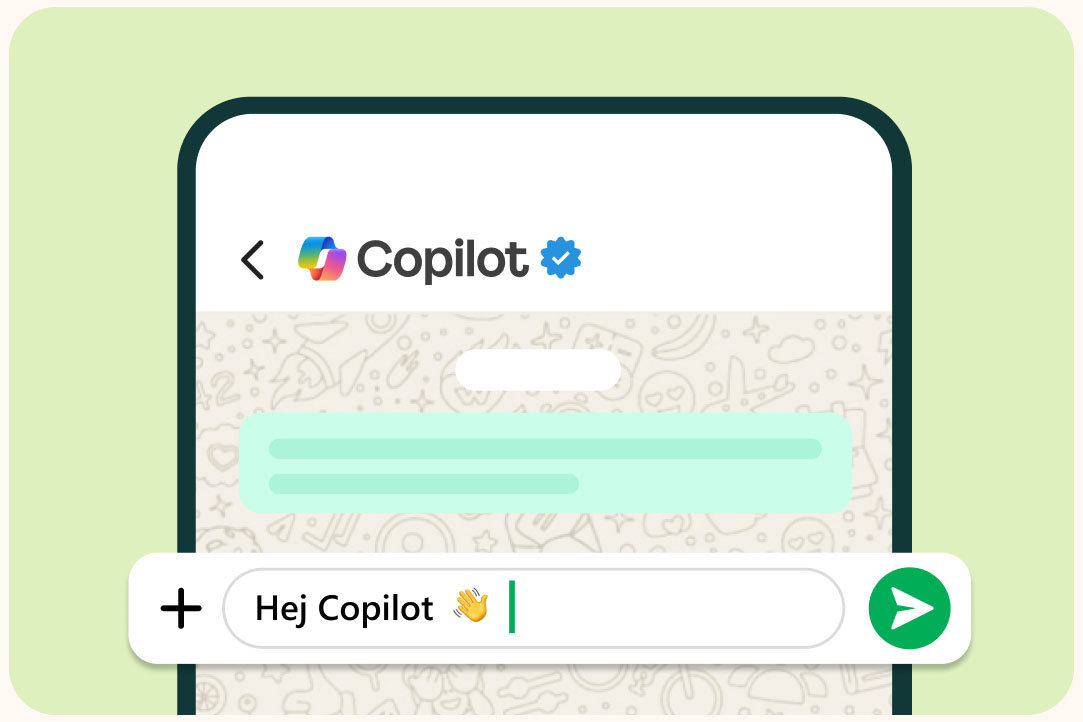 Copilot på WhatsApp i en mobil mot en ljusgrön bakgrund