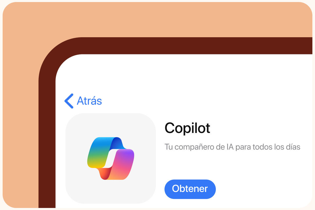 Aplicación Copilot en un teléfono móvil sobre un fondo naranja claro