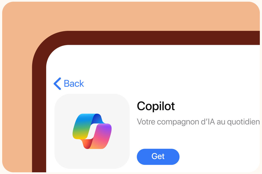 Application Copilot sur un téléphone mobile sur fond orange clair.