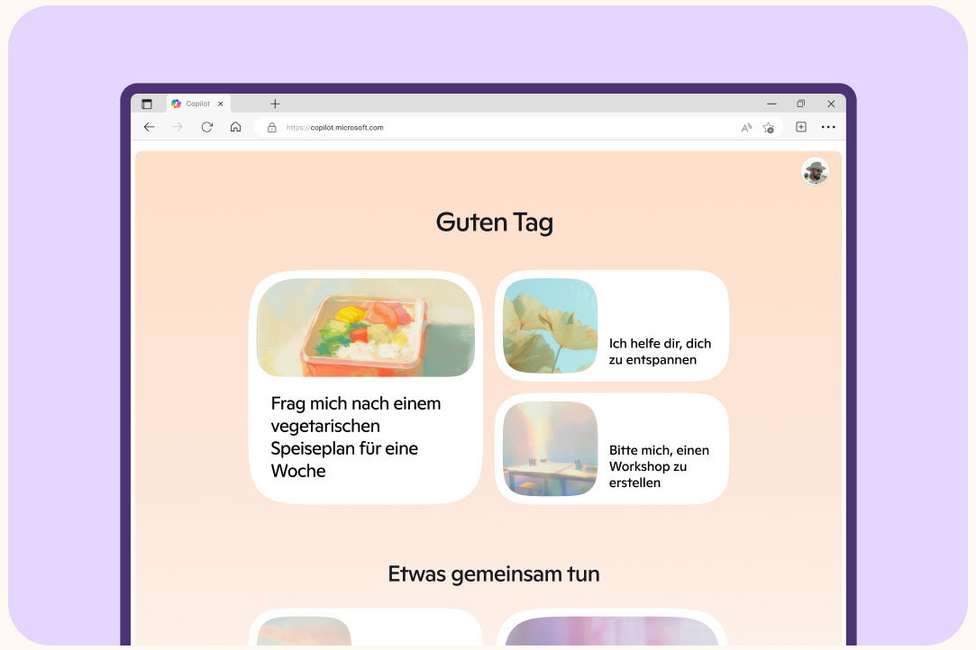 Copilot-Startseite auf einem PC vor hellviolettem Hintergrund