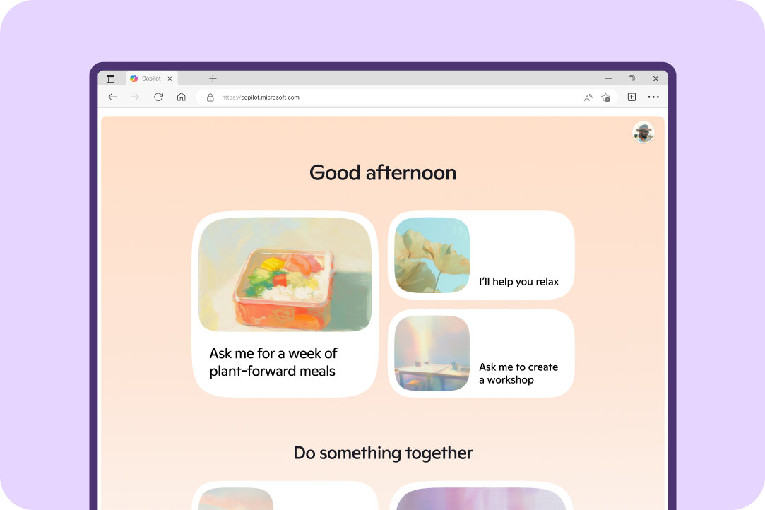 Copilot home page with text saying “Ready when you are, Samantha!” over a light yellow background