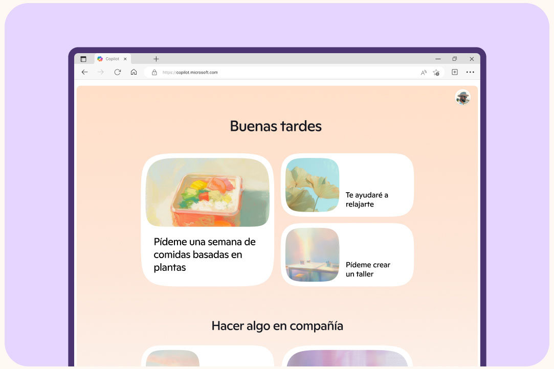 Página principal de Copilot en un PC sobre un fondo púrpura claro