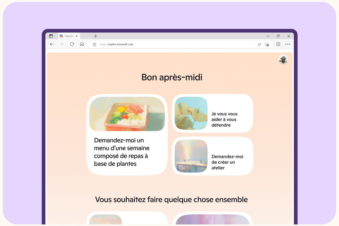 Page d’accueil de Copilot sur un PC sur fond violet clair