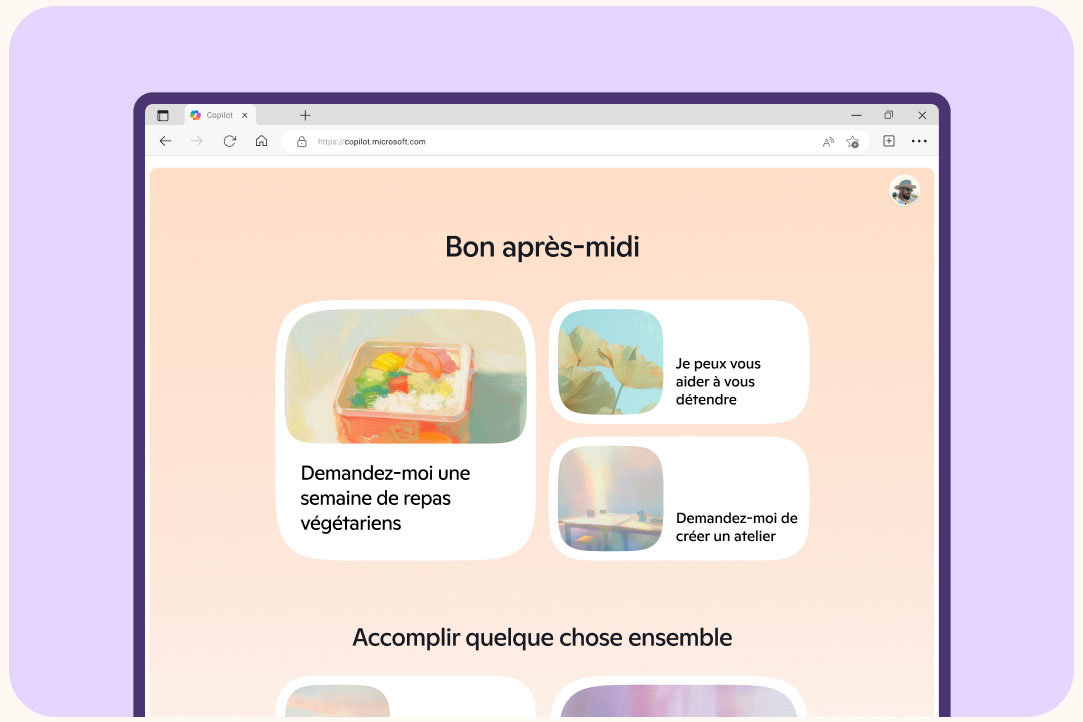 Page d’accueil de Copilot sur un PC sur fond violet clair