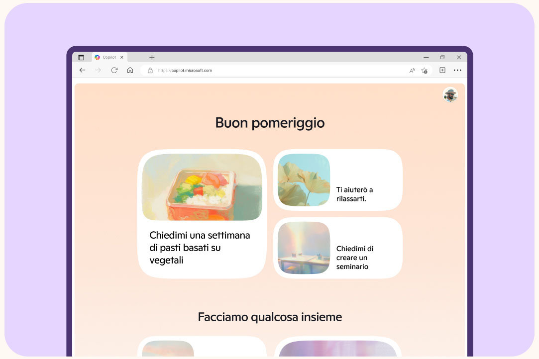 Home page di Copilot su PC su uno sfondo viola chiaro