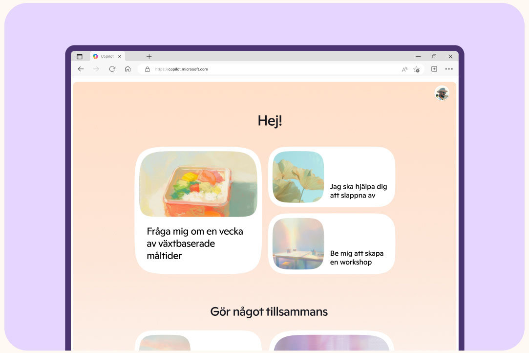 Copilots startsida på en dator mot en ljuslila bakgrund