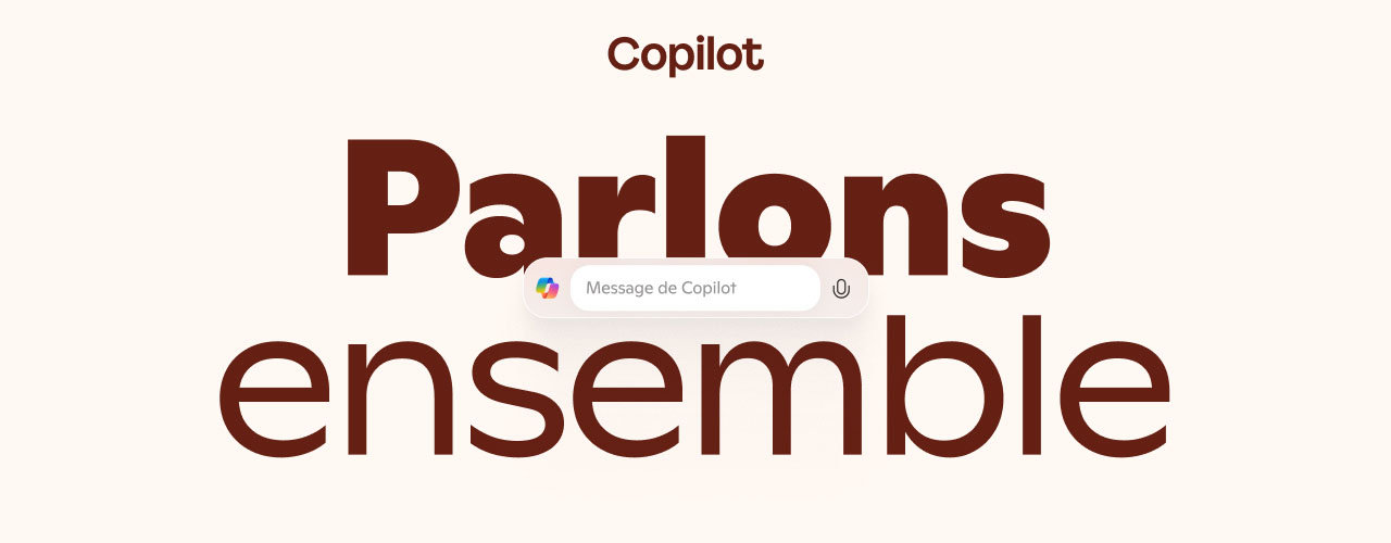 Un texte volumineux disant « Parlons-en » avec la zone de texte et le logo de Copilot.