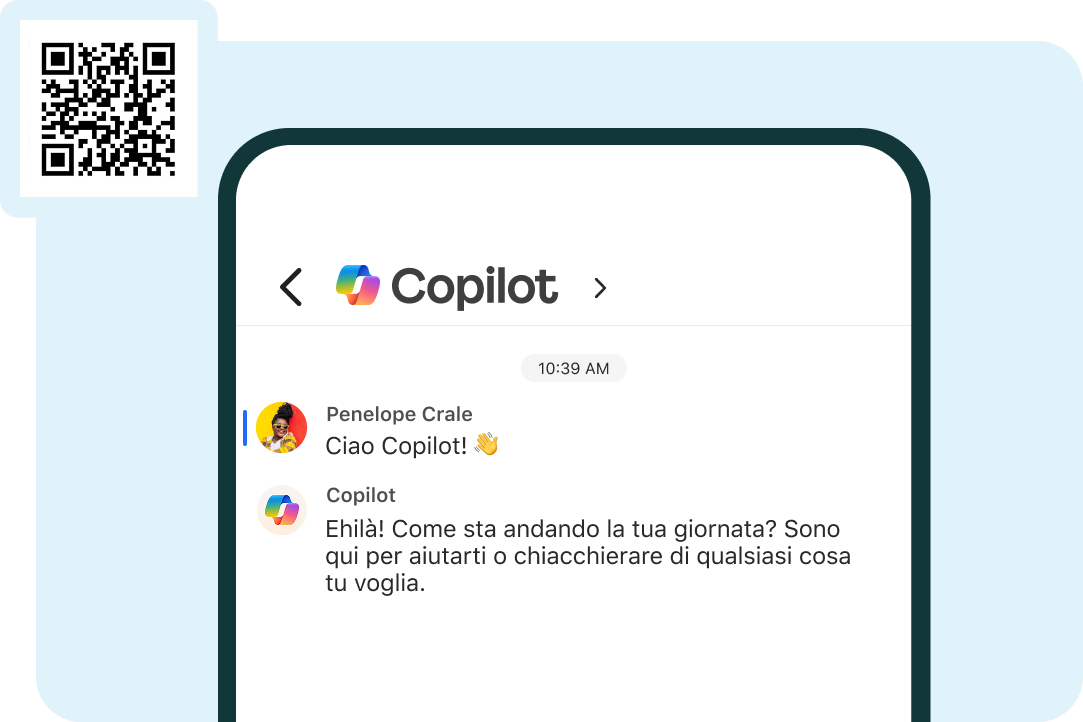 Copilot su GroupMe su un telefono cellulare con un codice QR su uno sfondo azzurro