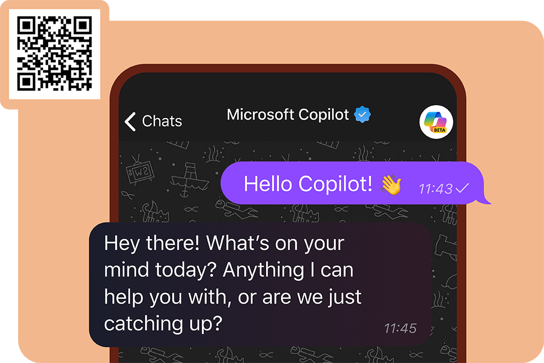 Copilot en Telegram en modo oscuro en un teléfono móvil con un código QR y una barra de búsqueda de Copilot ampliada que se superpone a la imagen sobre un fondo naranja claro