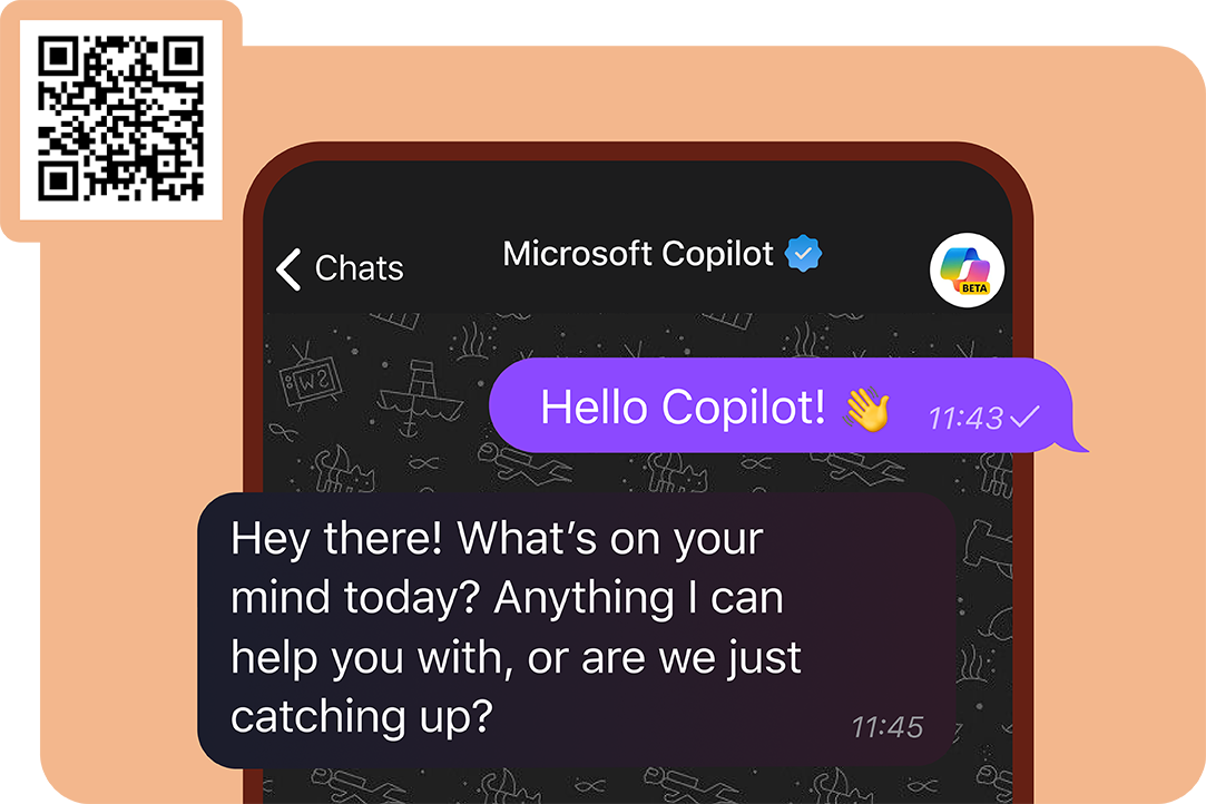 Copilot on Telegram in dark mode on a mobile phone with a QR code and an enlarged Copilot search bar overlapping the image on a light orange background