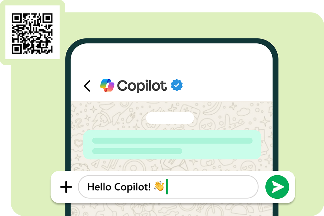 Copilot on WhatsApp on a mobile phone with a QR code and an enlarged Copilot search bar overlapping the image on a light green background