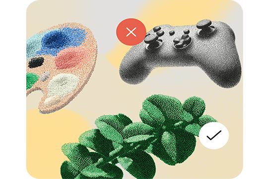 Illustration showing a colorful artist’s palette and green leaves with check marks, and a gray game controller with a red X mark