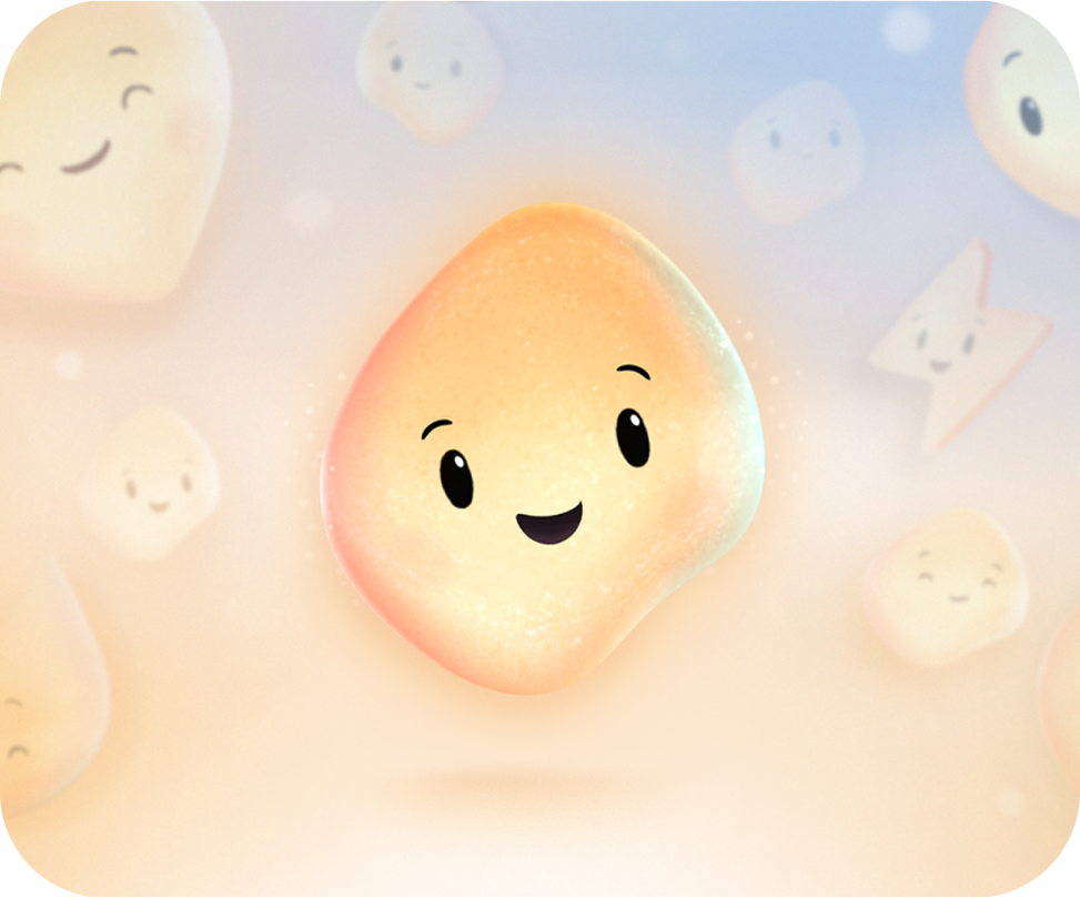 Pastel blob characters with happy faces float on a soft gradient background; central glowing figure sparkles in a whimsical, cheerful scene.