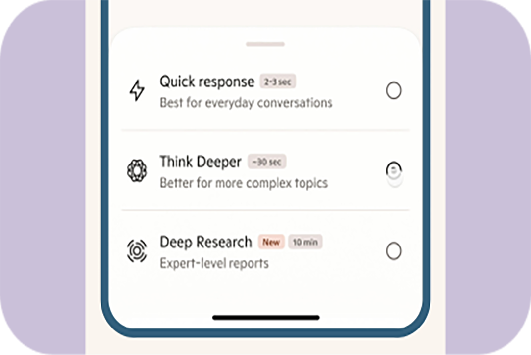 Mobile screen showing three Copilot response modes: Quick response for chats, Think deeper for complex topics, and Deep research for expert-level reports