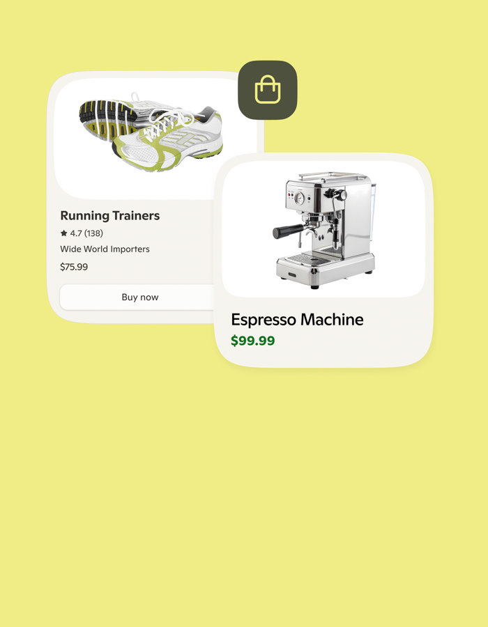 Various product images with prices on a bright background