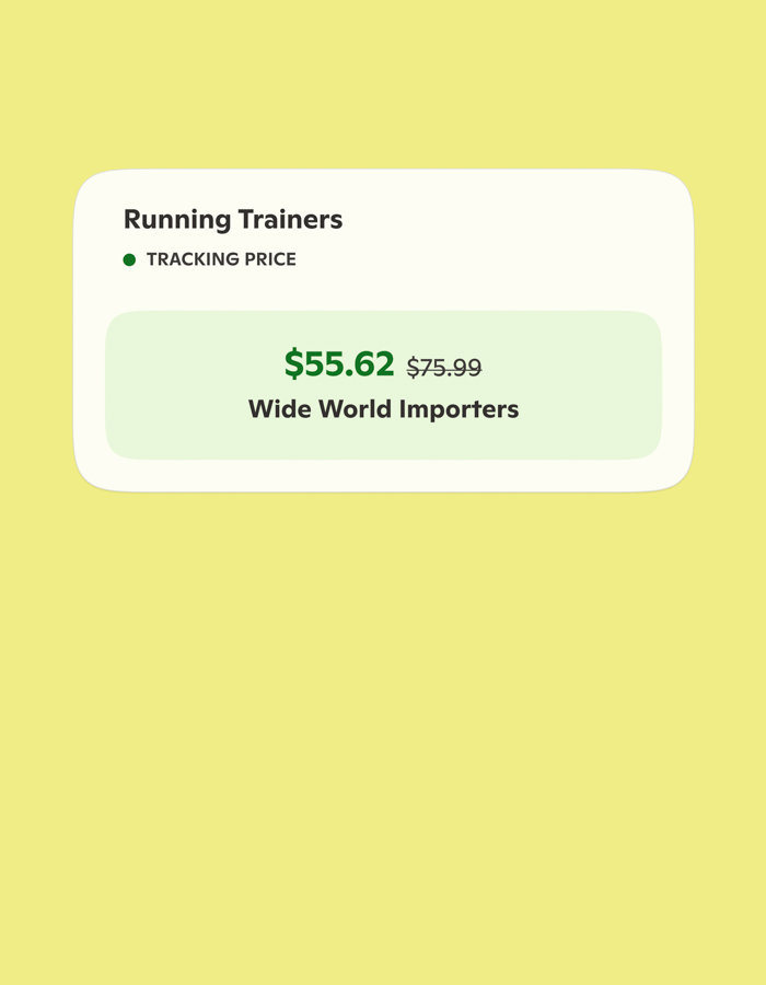 Product card with product category, company, and price on a bright background