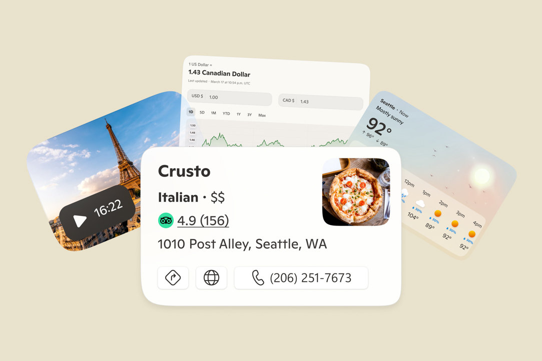 Various Copilot feature cards about planning travel