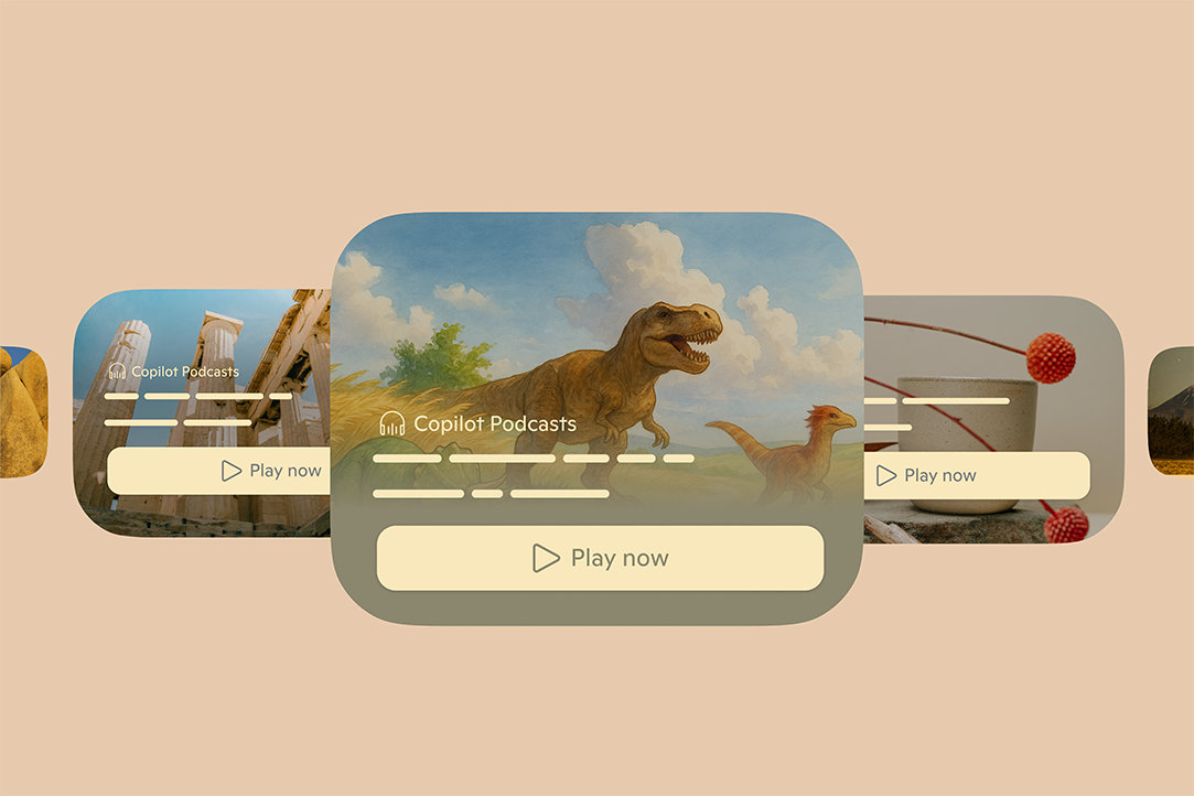 Carousel of Copilot Podcasts with play buttons, featuring images like dinosaurs, ancient ruins, and abstract red spheres