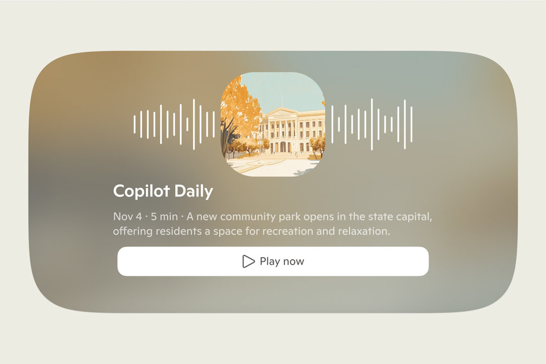 The Copilot Daily feature with an image, summary, and play now button on a screen