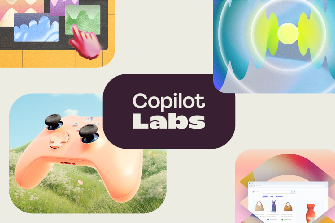 Various Copilot feature images shown in the four corners of the image on a light background with the words Copilot Labs written on top