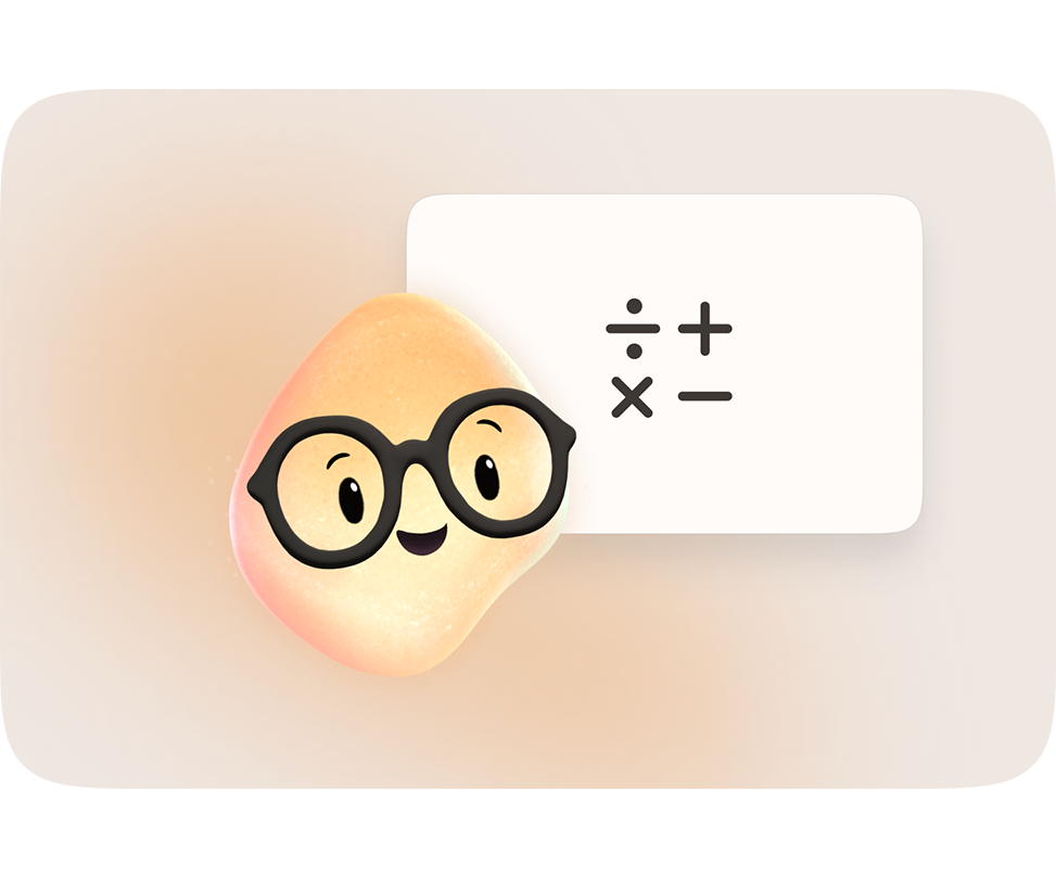 Illustration of a smiling, potato-shaped character with large black glasses next to a white card showing math symbols (÷, +, ×, −)