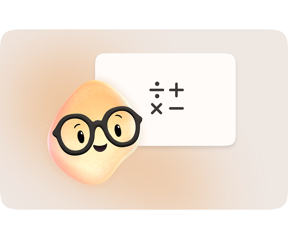 Illustration of a smiling, potato-shaped character with large black glasses next to a white card showing math symbols (÷, +, ×, −)